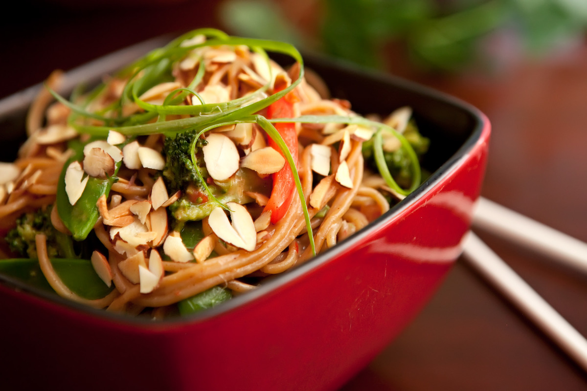 Asian noodle bowl with vegetables and almonds